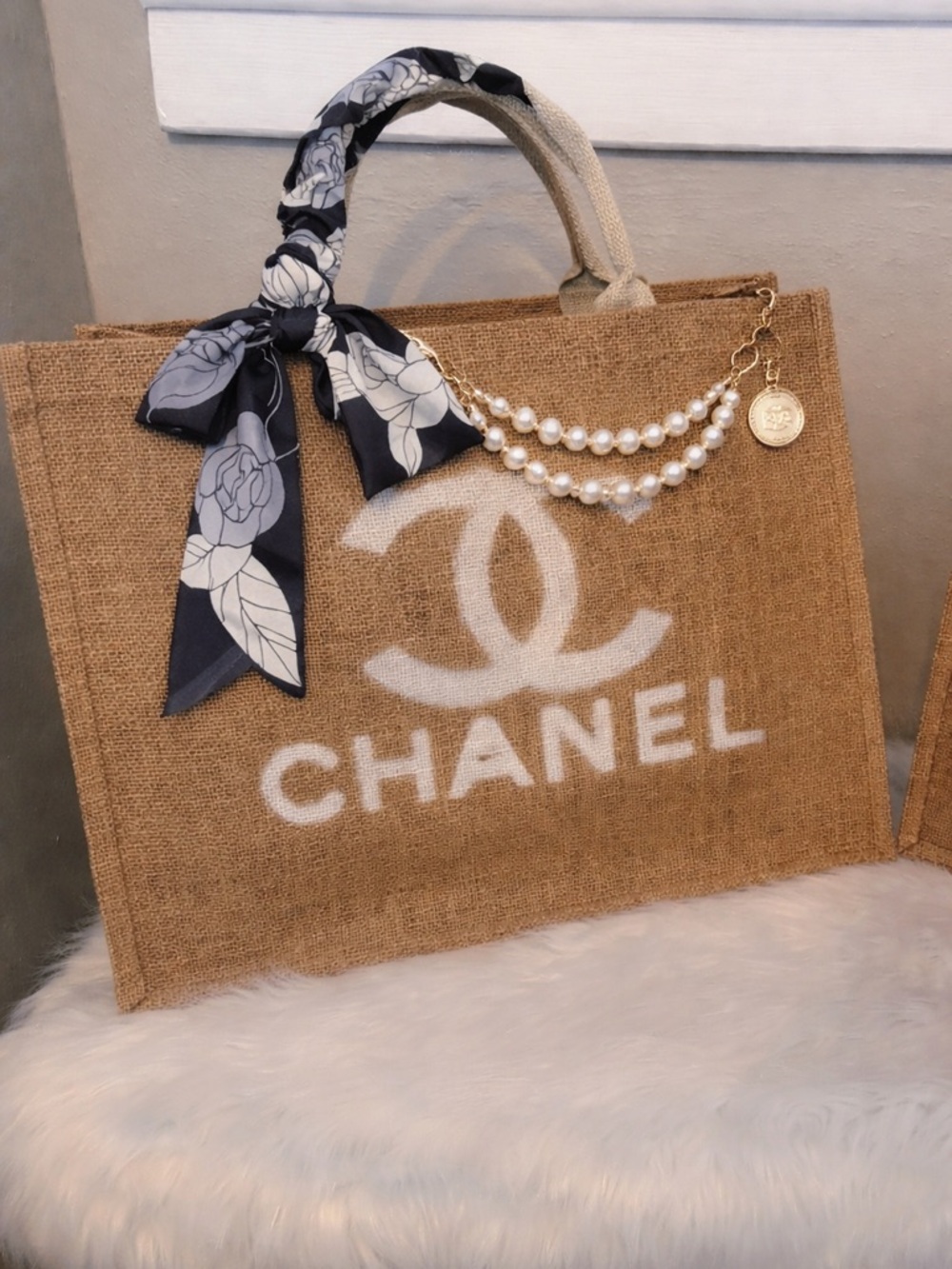 Luxury Jute Tote Bag with White Logo and Pearl Accent